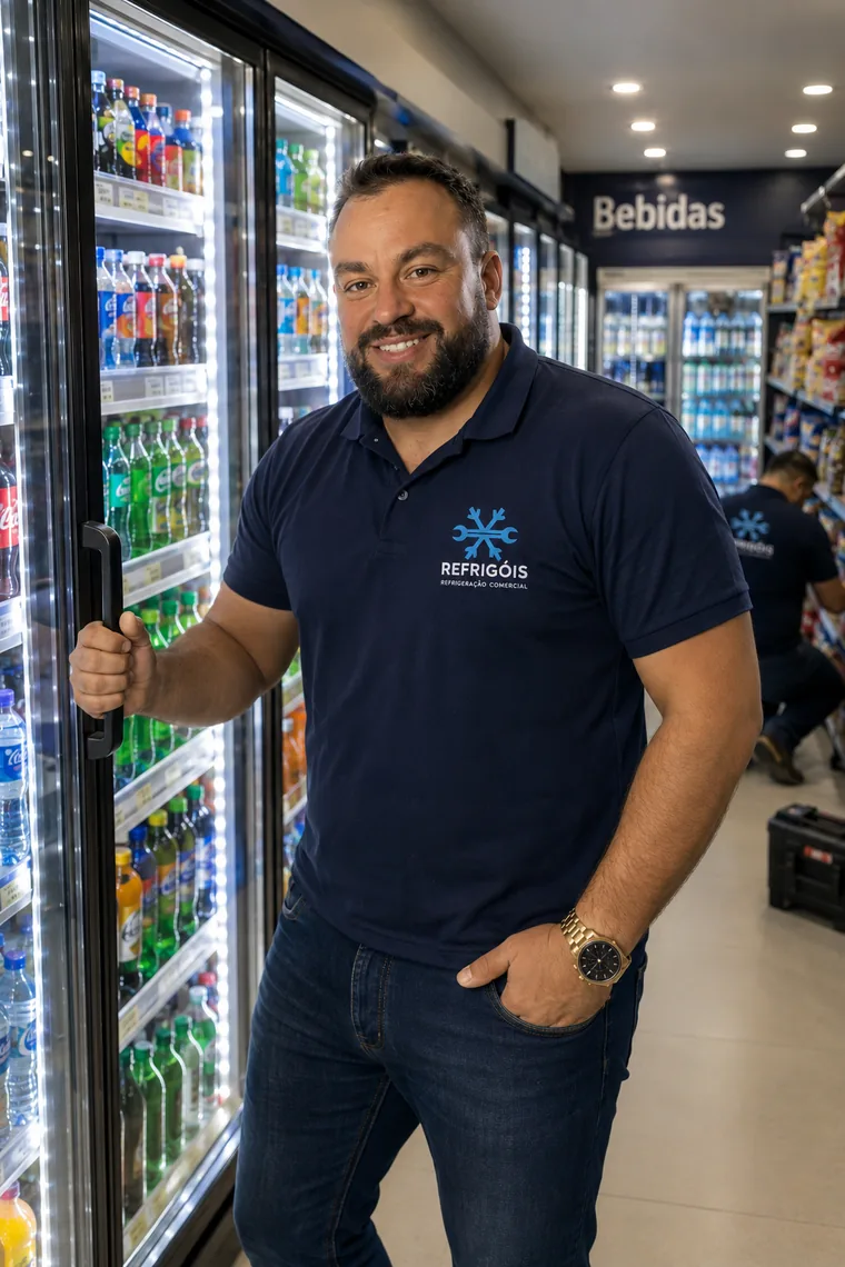 Robert Góis atendendo em loja, junto aos expositores de bebidas